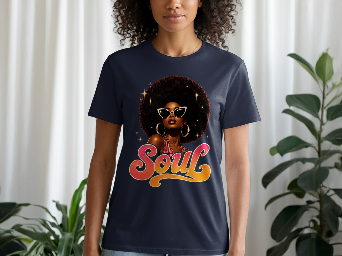 Navy t-shirt with illustration of a woman with afro and sunglasses, text "Soul".
