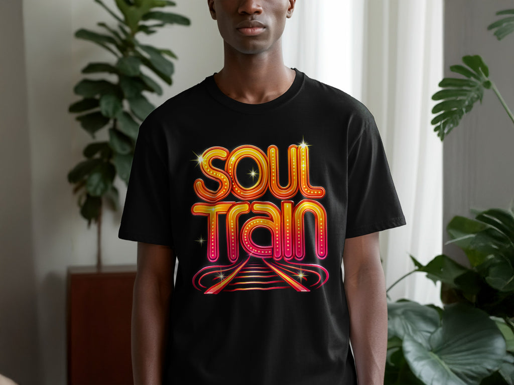 Black t-shirt with "Soul Train" text in a glowing, retro font.
