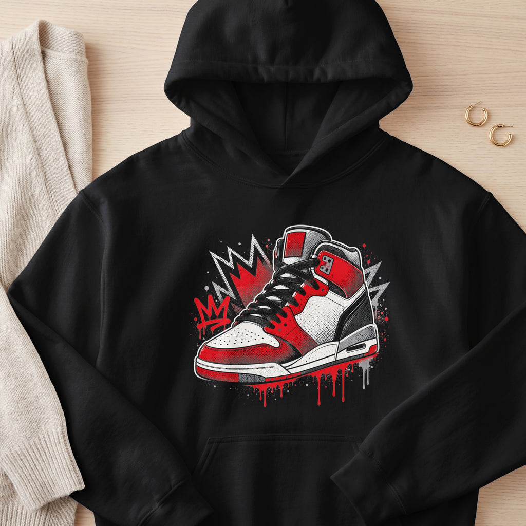 Black hoodie with red, white, and black graphic sneaker design.