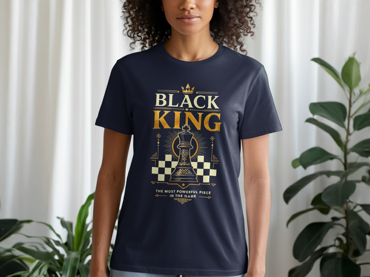 Dark blue t-shirt with "BLACK KING" and chess piece graphic.