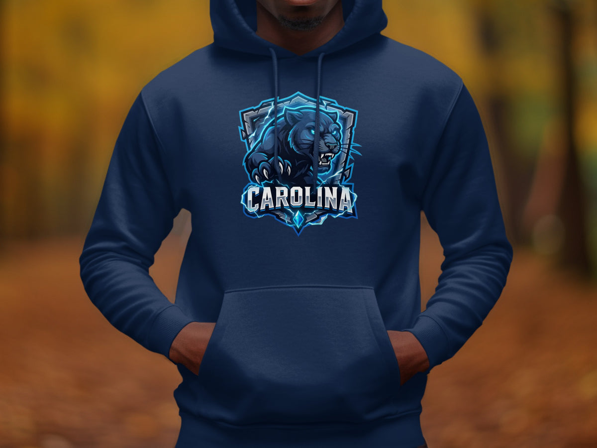 Navy blue hoodie with a blue and gray panther logo and the word CAROLINA.