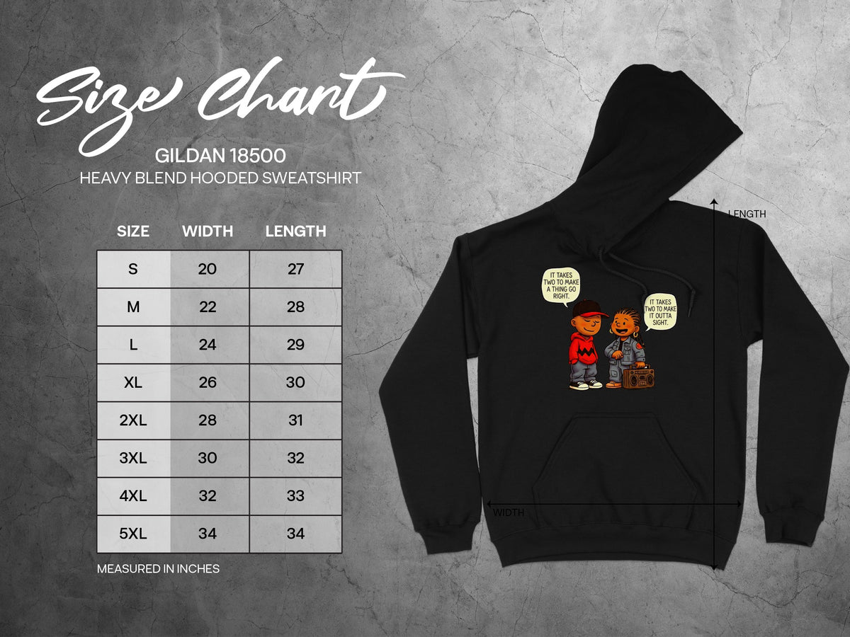 Gildan 18500 Heavy Blend Hooded Sweatshirt size chart with width and length measurements.