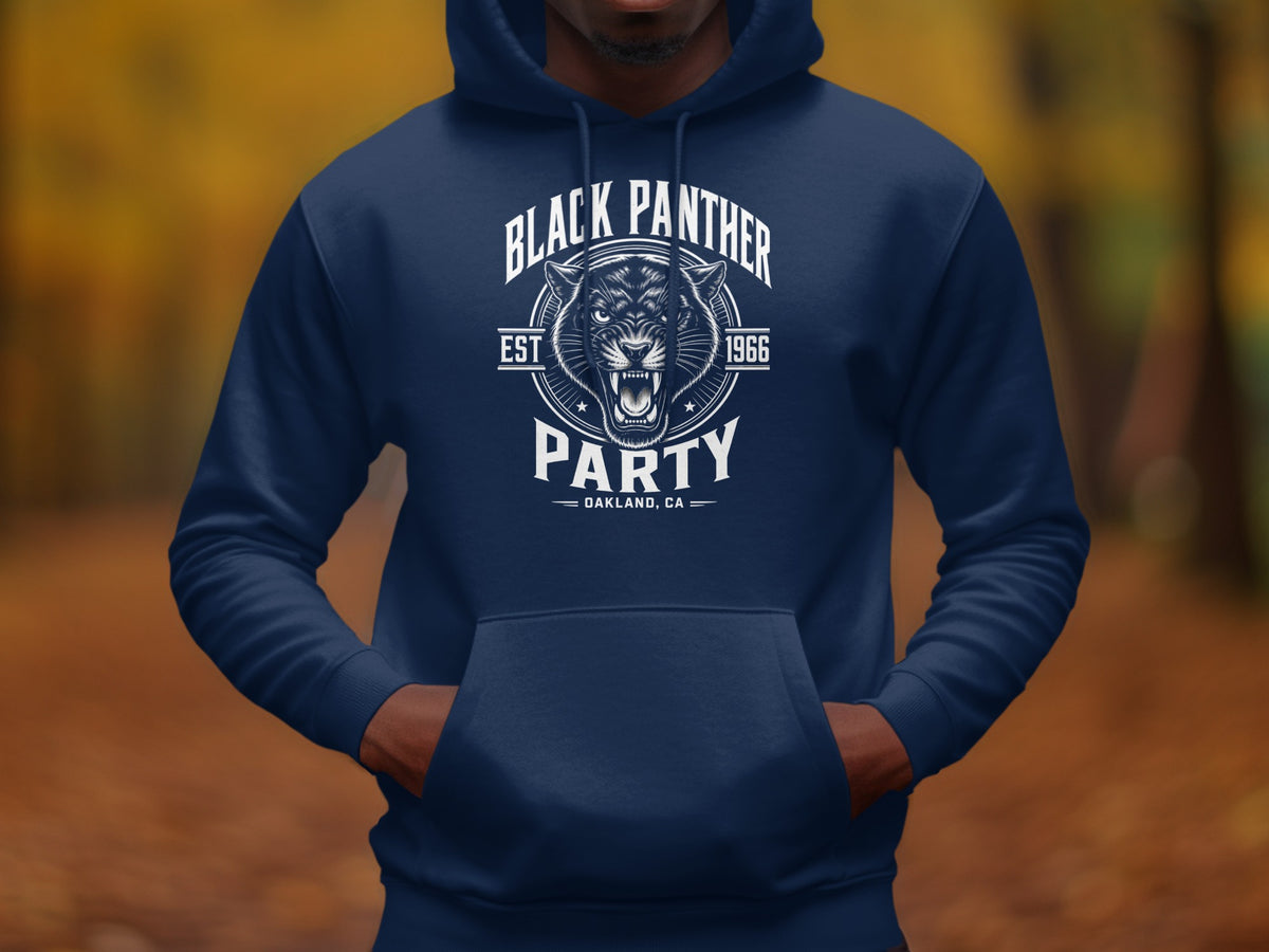 Navy hoodie with Black Panther Party Est 1966 Oakland, CA graphic.
