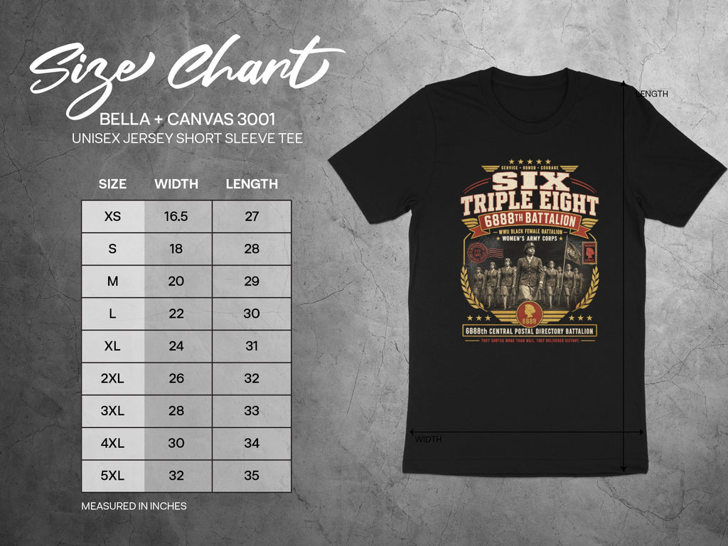 Size chart for Bella + Canvas 3001 Unisex Jersey Short Sleeve Tee.