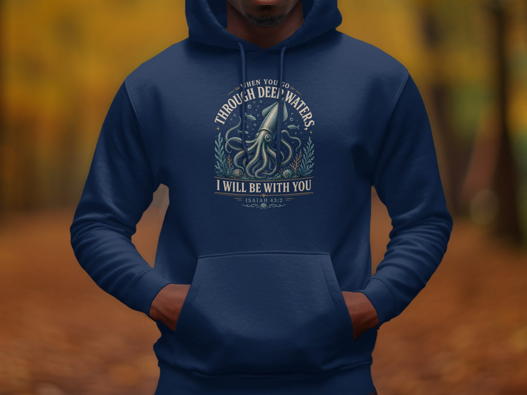 Navy hoodie with a graphic of a squid, fish, and text "Through Deep Waters, I Will Be With You".