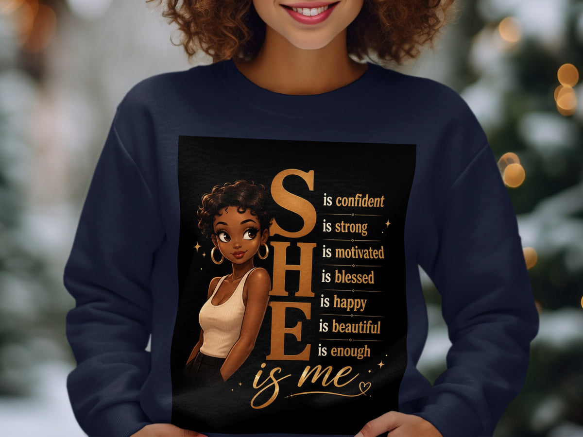 Black graphic on navy sweatshirt featuring the word "SHE" and descriptive phrases.