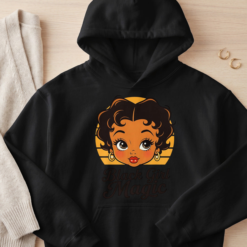 Black hoodie with a cartoon girl graphic and "Black Girl Magic" text.