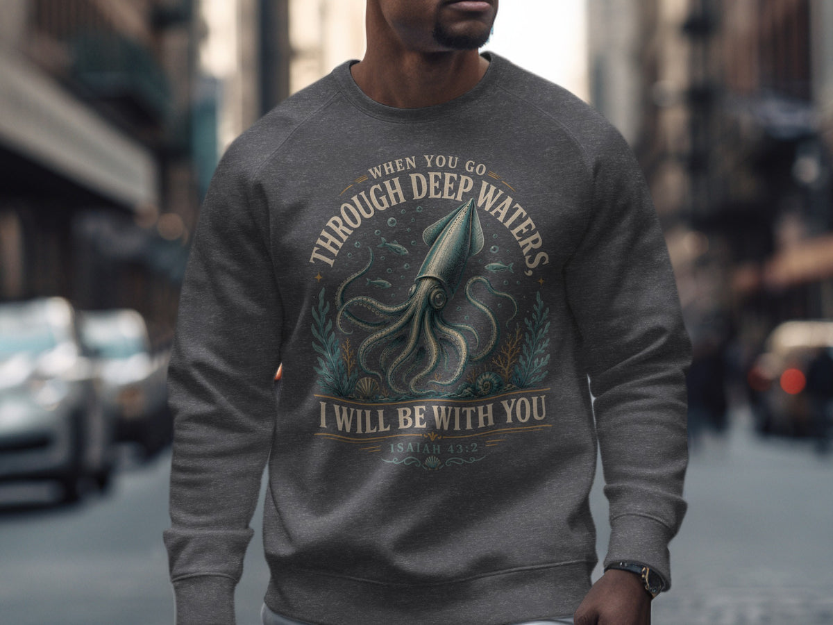 Gray sweatshirt with a squid graphic and text "When You Go Through Deep Waters I Will Be With You Isaiah 43:2".