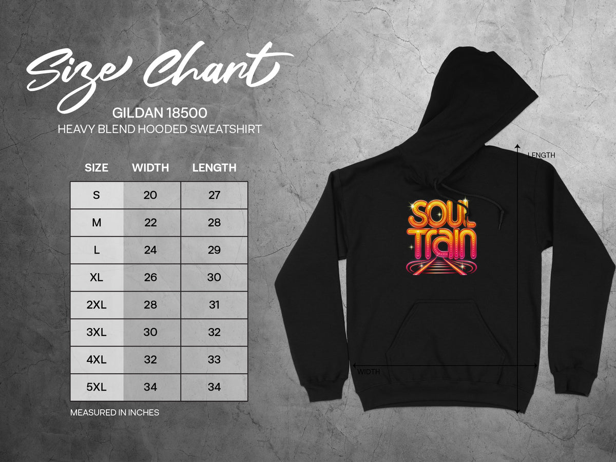 Gildan 18500 Heavy Blend hooded sweatshirt size chart with measurements in inches.