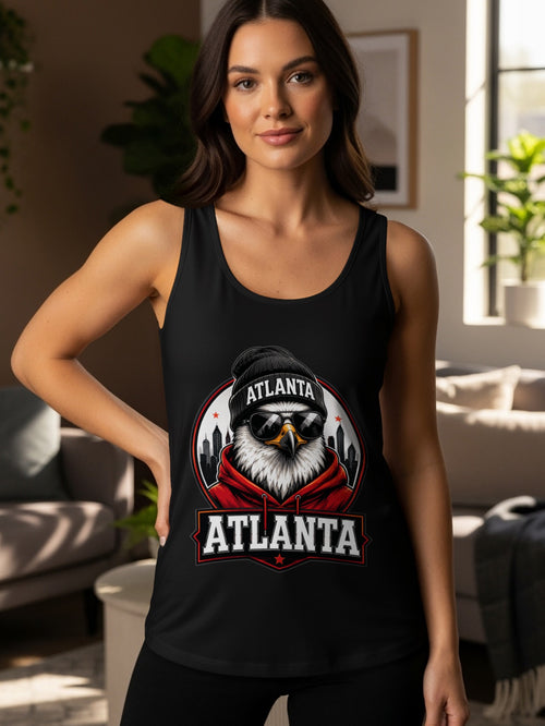 Black tank top featuring an eagle wearing sunglasses and a beanie with "Atlanta" text.