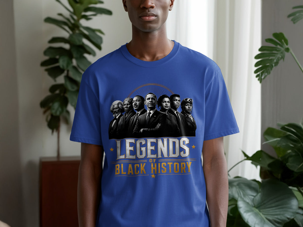 Blue t-shirt with "Legends of Black History" and portraits of historical figures.