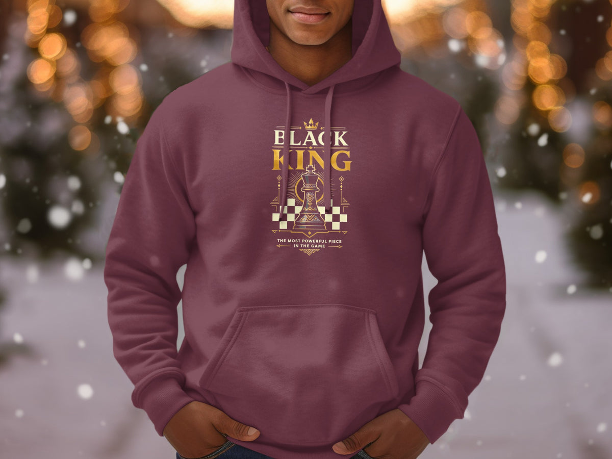 Maroon hoodie with "BLACK KING" text and chess king graphic.