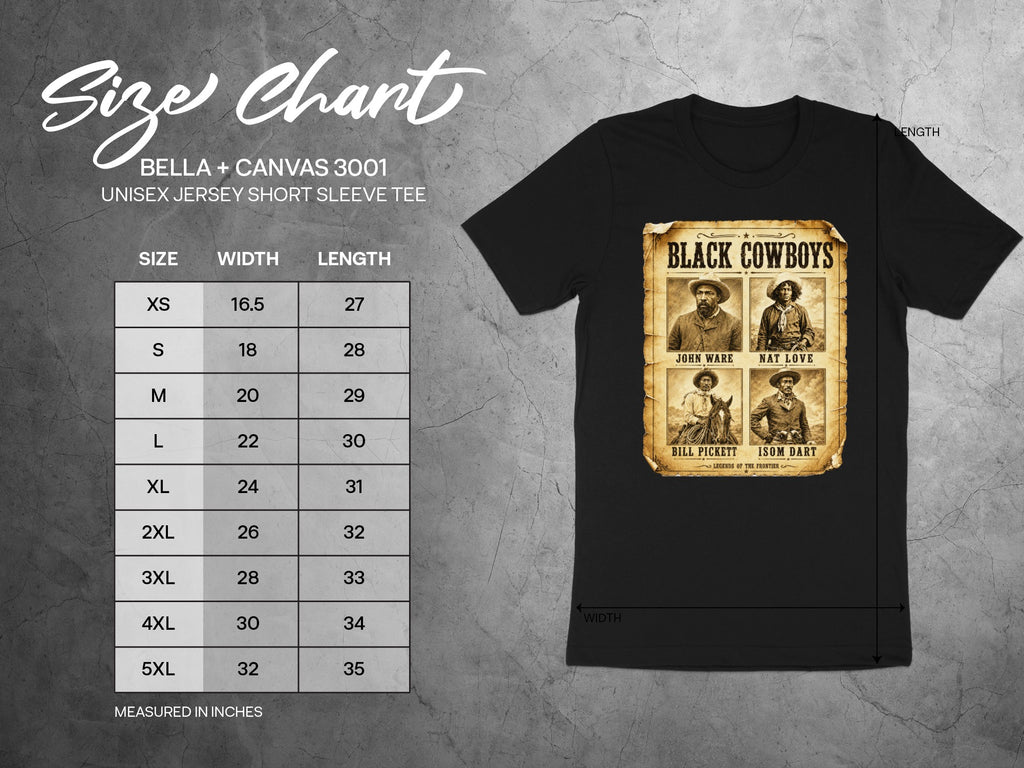 BELLA + CANVAS 3001 unisex jersey short sleeve tee size chart with "Black Cowboys" graphic.