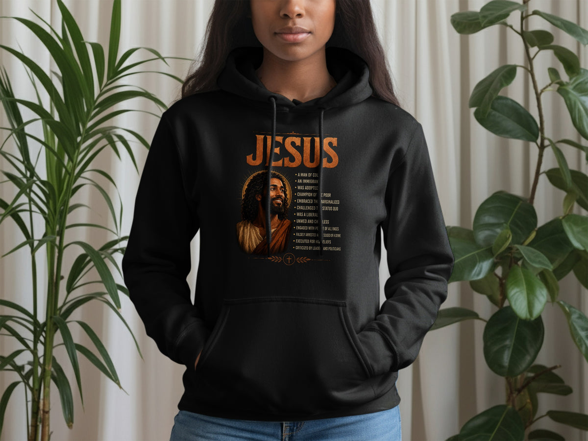 Black hoodie with "JESUS" graphic featuring a portrait and descriptive bullet points.