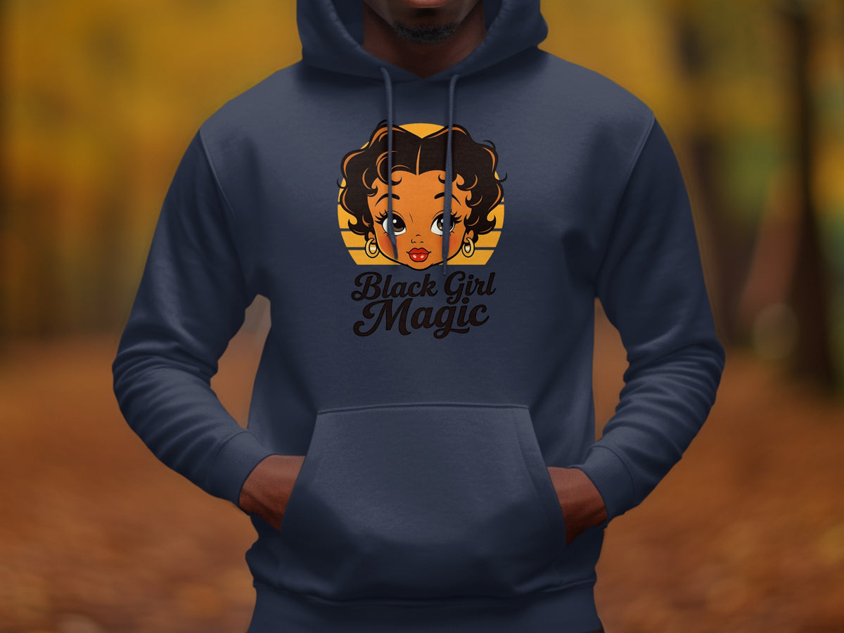 Navy hoodie with a cartoon girl graphic and "Black Girl Magic" text.