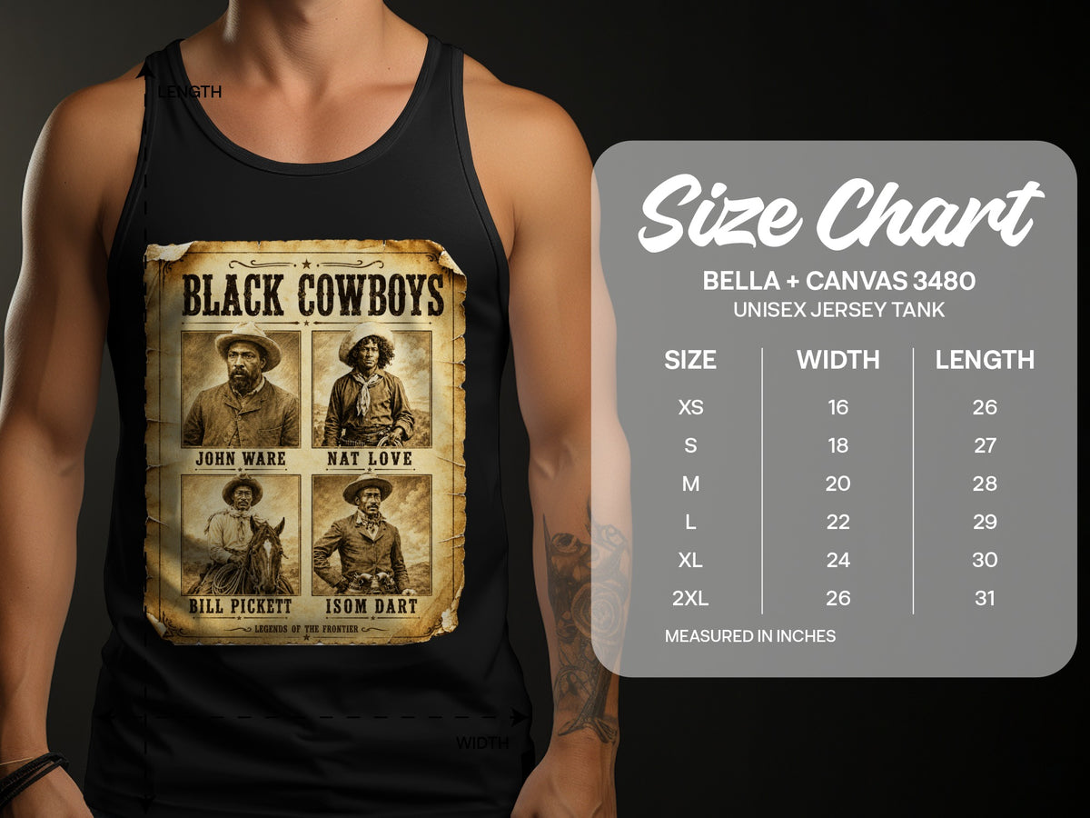 Black Cowboys design on a tank top with size chart information.