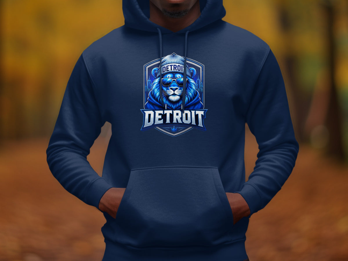 Detroit lion wearing sunglasses and beanie on navy blue hoodie