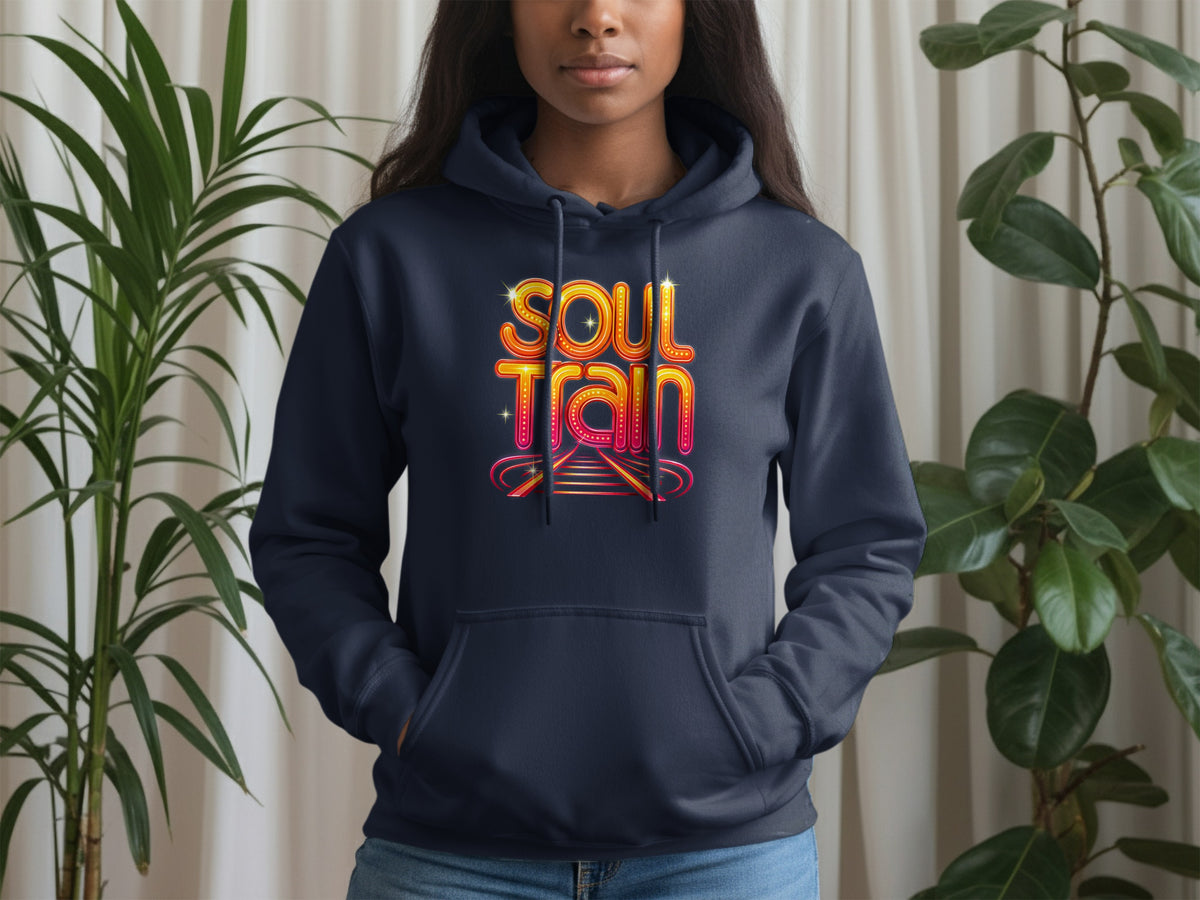 Dark navy hoodie featuring the "Soul Train" logo with a road design.