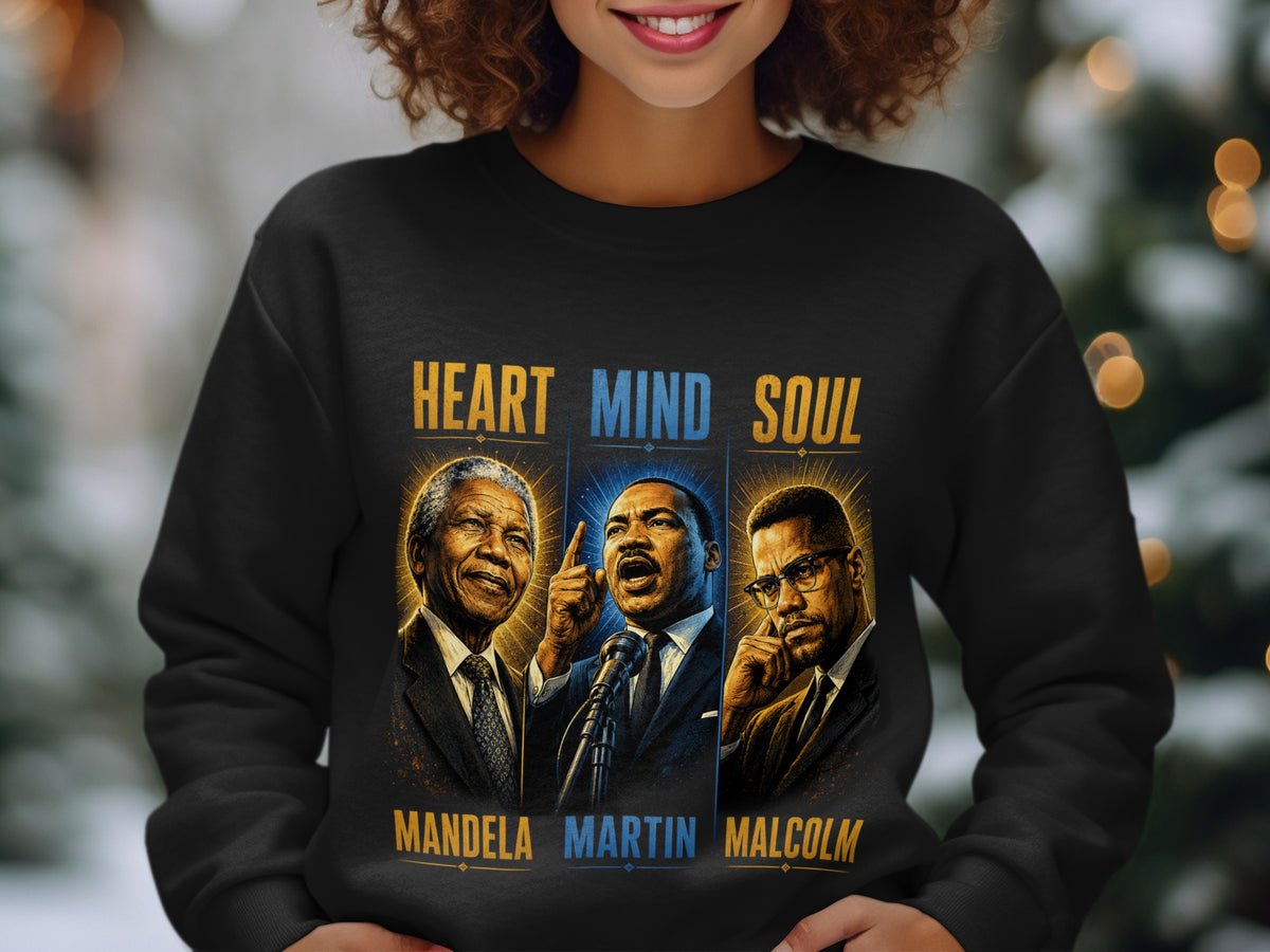 Nelson Mandela, Martin Luther King Jr., and Malcolm X portraits on a black sweatshirt.