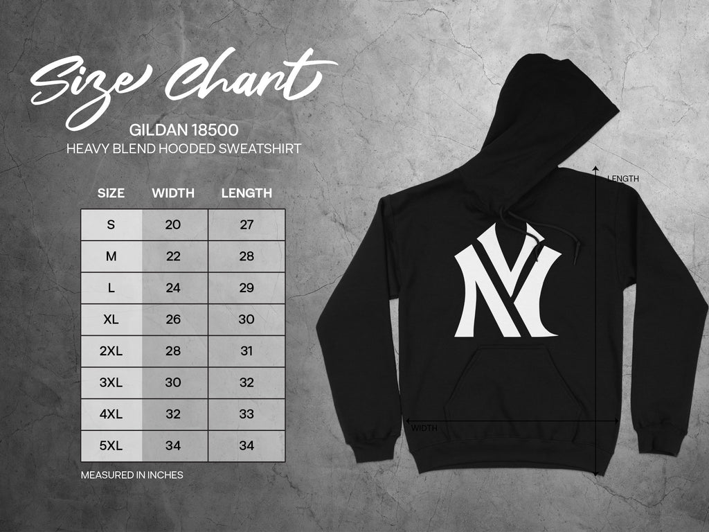 Gildan 18500 Heavy Blend hooded sweatshirt size chart in inches.