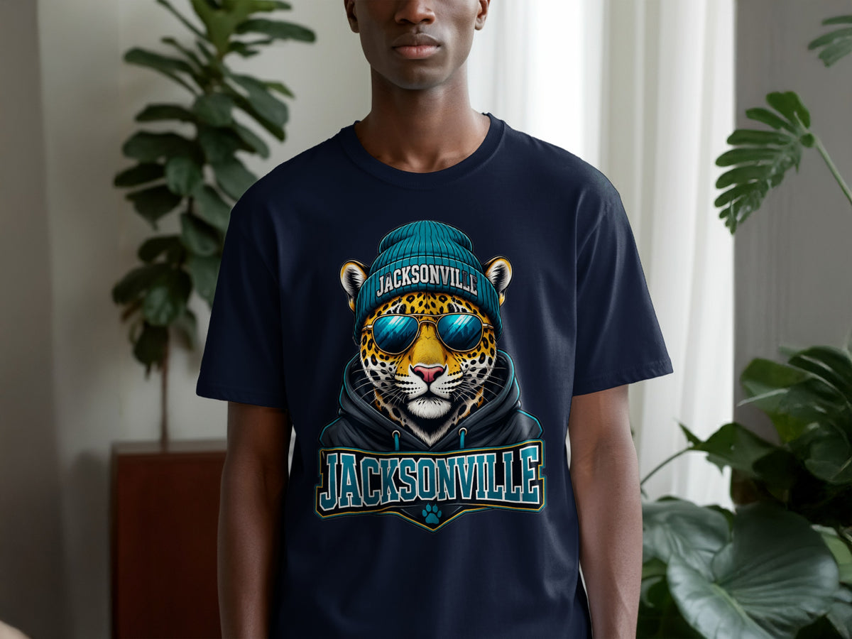 Navy t-shirt with a graphic of a jaguar wearing a beanie and sunglasses with "Jacksonville" text.