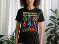 Black t-shirt with "Super Heroes of Black History" and portraits of Tubman, Douglass, Washington, Malcolm X, King, Parks, Chisholm, Baldwin, Davis.