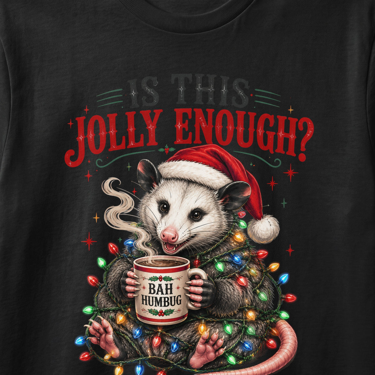 Opossum wearing Santa hat, holding mug with "Bah Humbug" and tangled in Christmas lights.