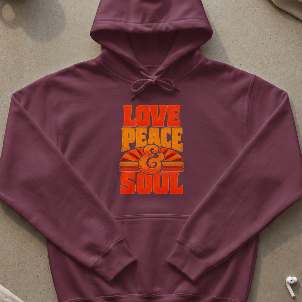 Maroon hoodie with "Love Peace & Soul" graphic in orange and yellow.