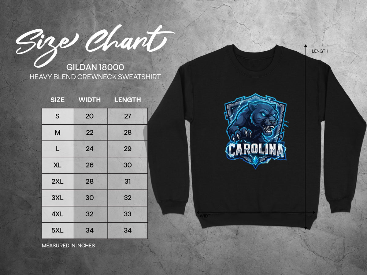Gildan 18000 size chart for heavy blend crewneck sweatshirt with measurements.