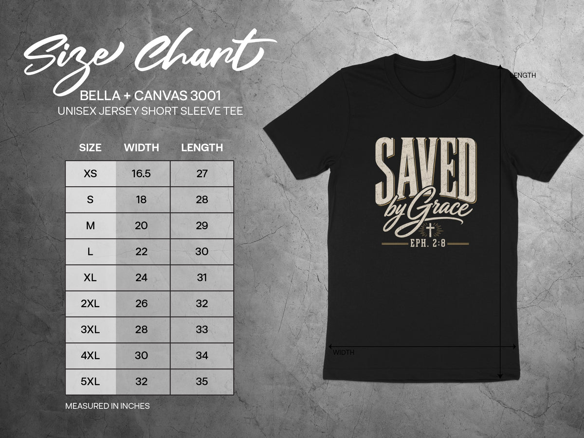 Size chart for Bella + Canvas 3001 unisex short sleeve tee.