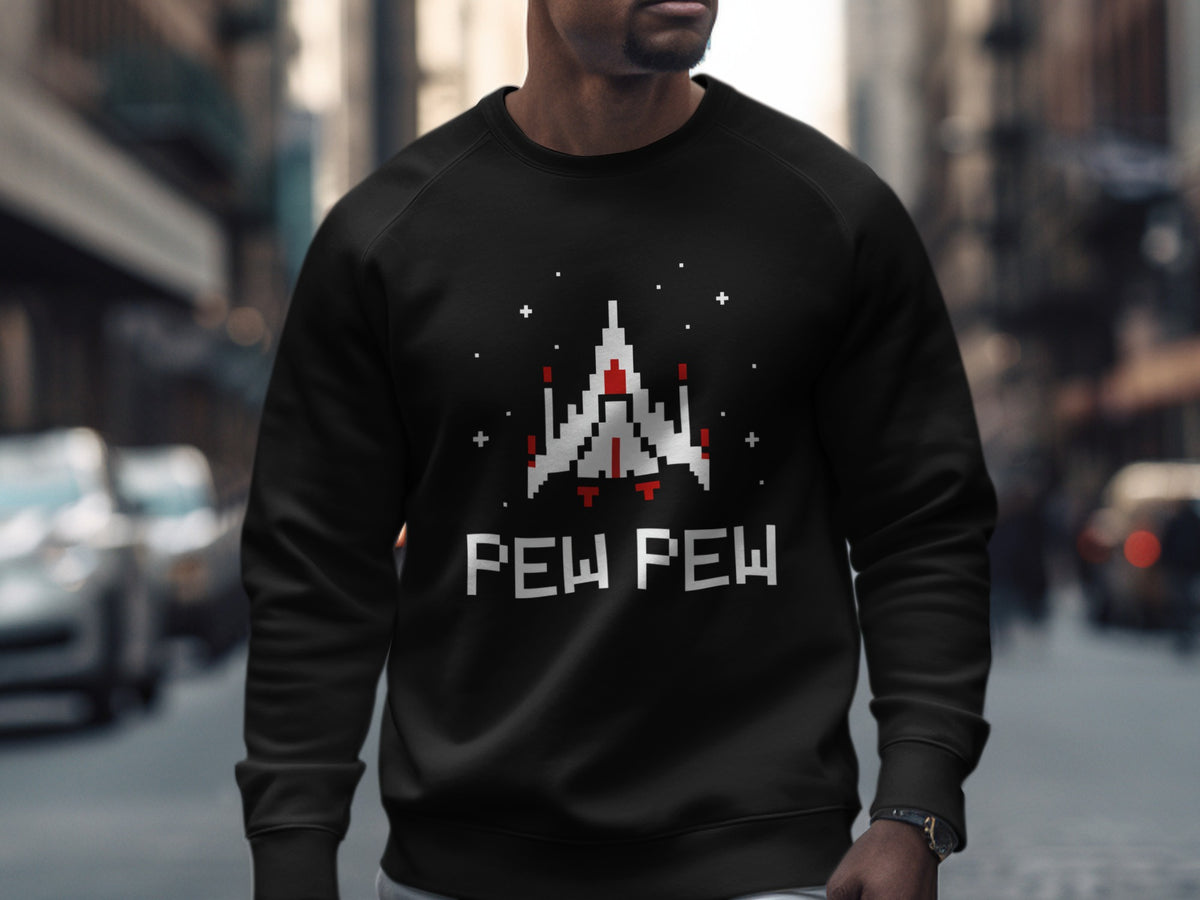 Black sweatshirt with a pixelated spaceship and "PEW PEW" text.