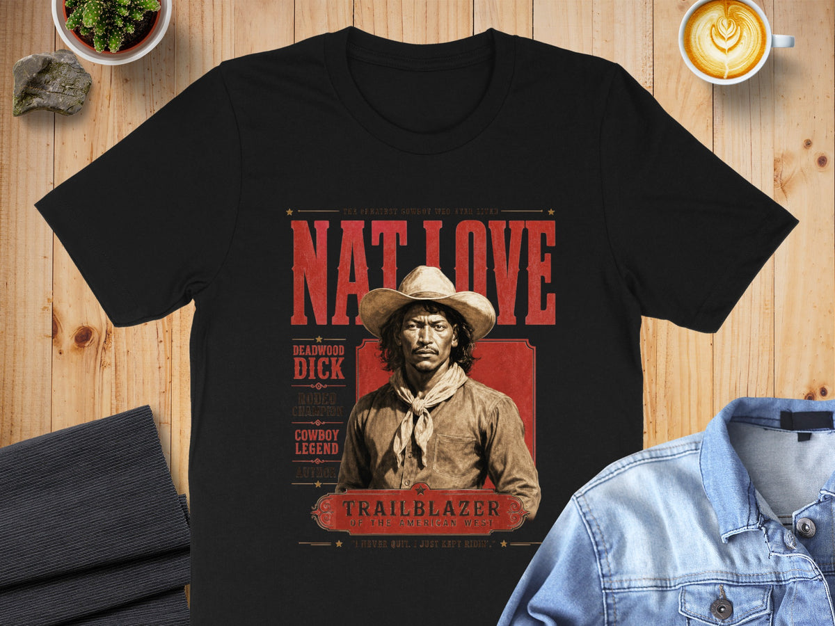 Black t-shirt featuring Nat Love, a cowboy legend, "Deadwood Dick," and quotes.