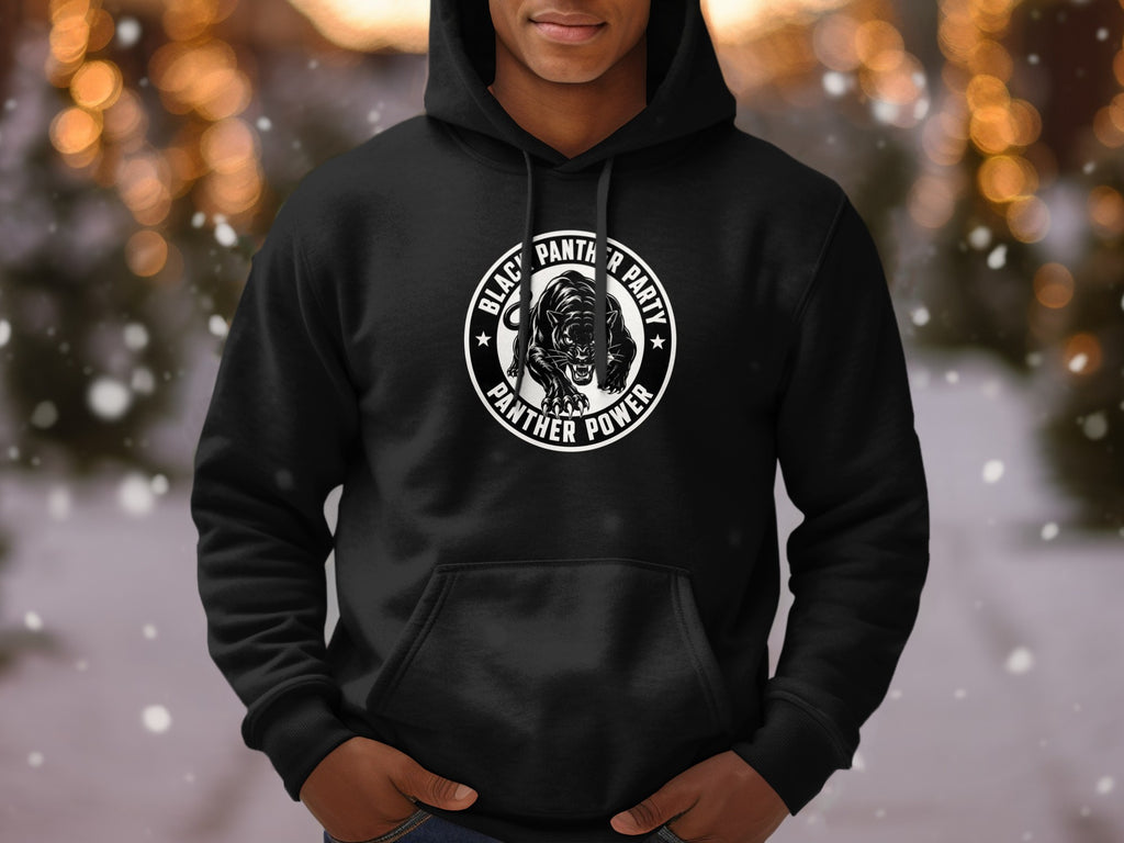 Black hoodie with a white circular logo featuring a panther and text "BLACK PANTHER PARTY PANTHER POWER".