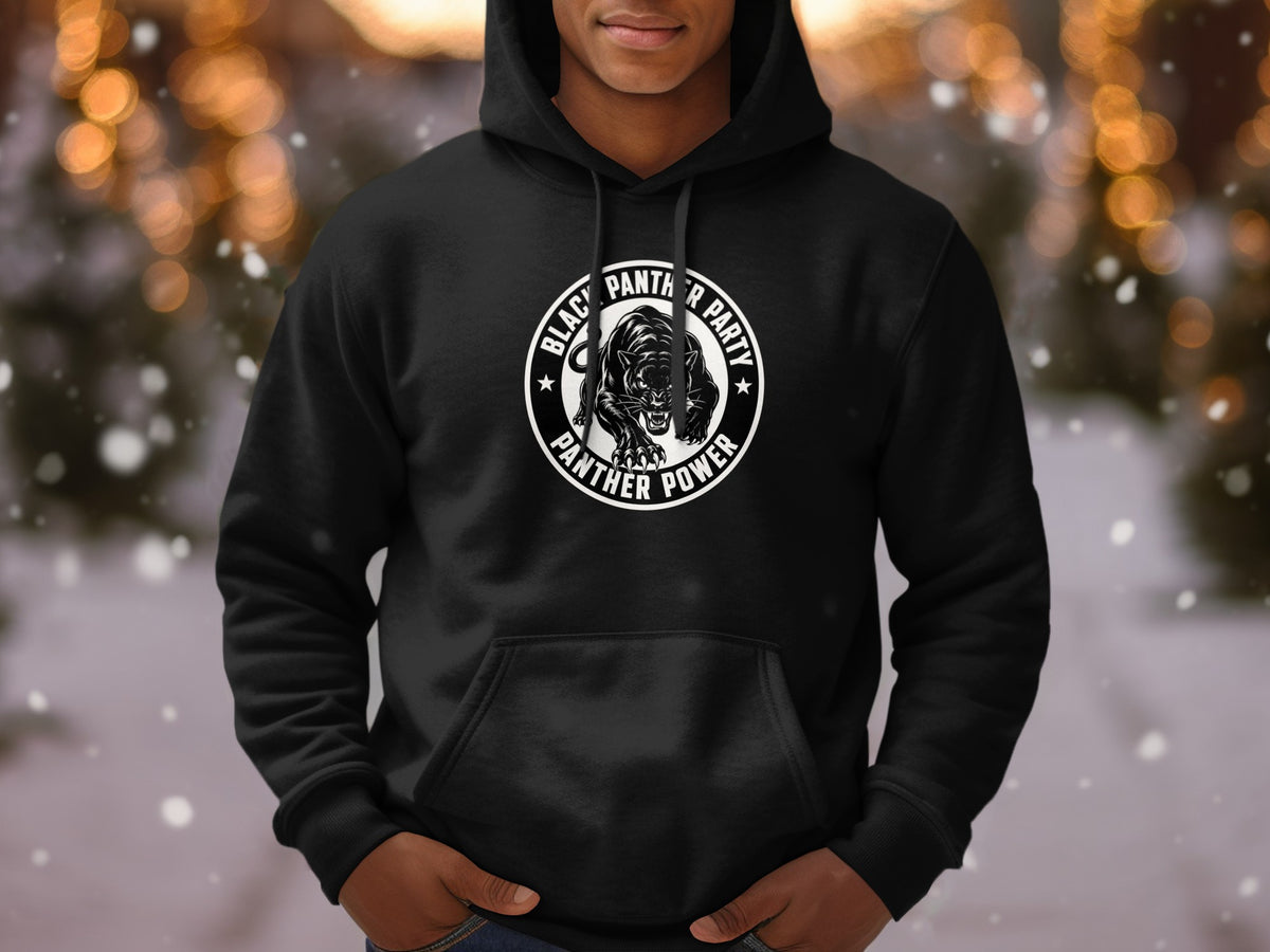 Black hoodie with a white circular logo featuring a panther and text "BLACK PANTHER PARTY PANTHER POWER".