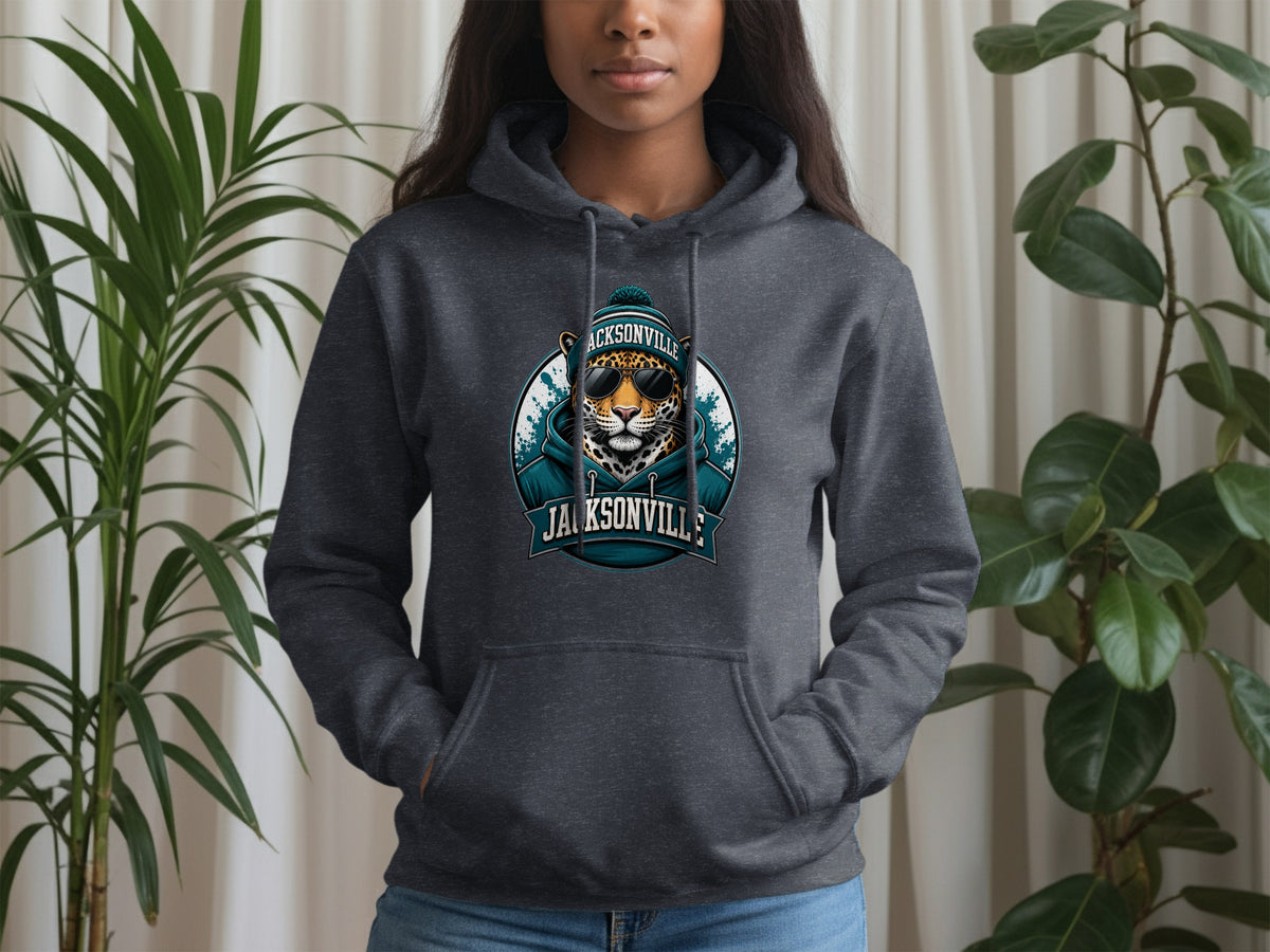 Dark grey hoodie with Jacksonville leopard graphic on the chest.
