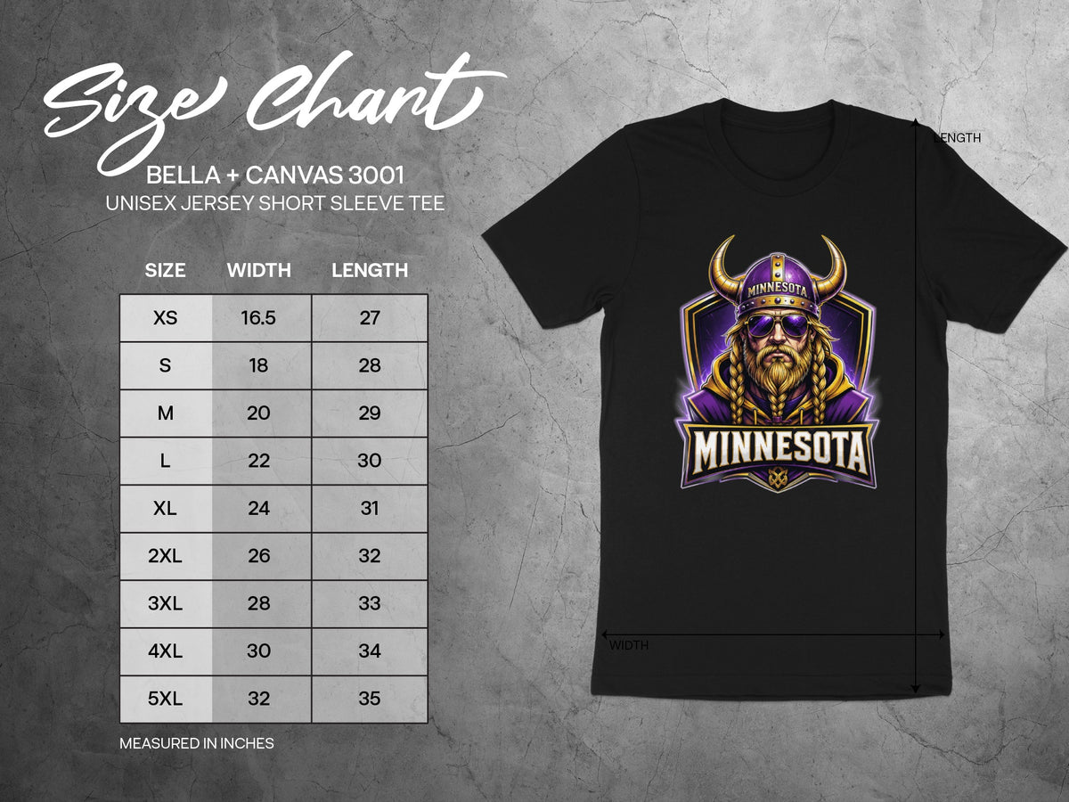 Bella + Canvas 3001 size chart for unisex jersey short sleeve tee.