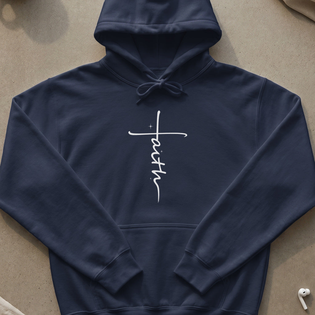 Navy hoodie with a white script "Faith" cross graphic on the chest.