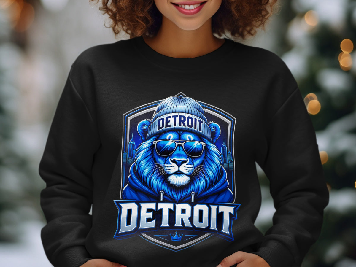Black sweatshirt featuring a blue lion graphic with sunglasses, beanie, and the word "DETROIT".