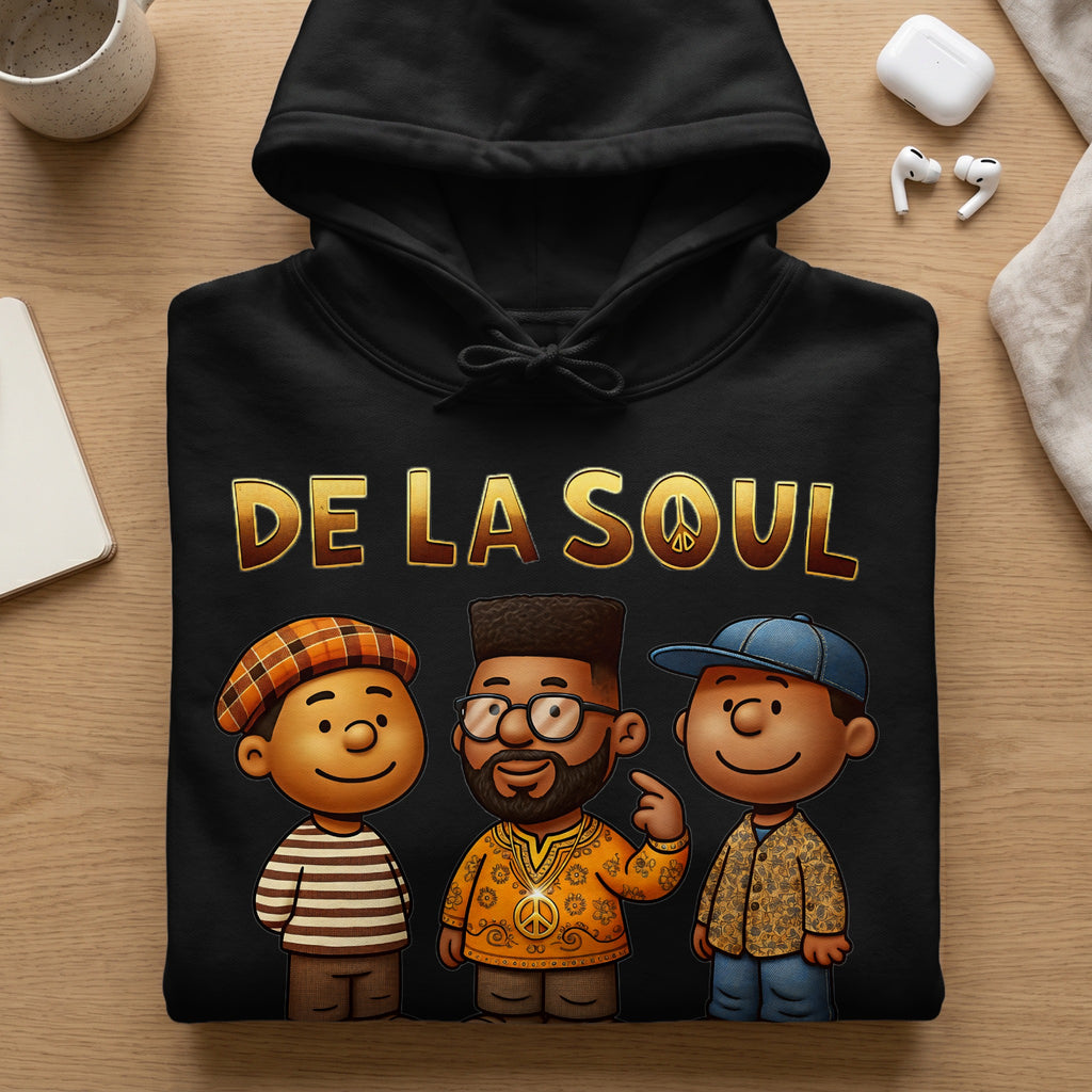 Black hoodie with "DE LA SOUL" and cartoon figures of three men.