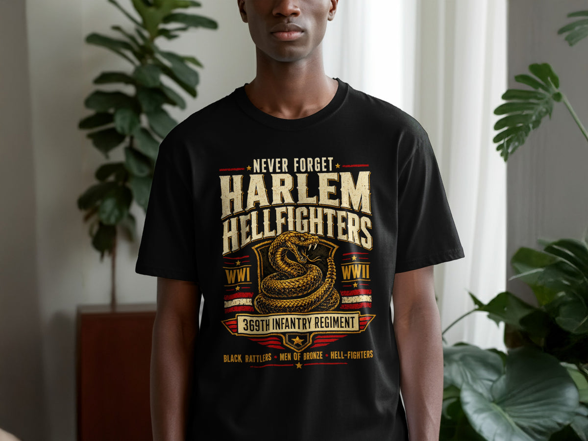 Black t-shirt featuring Harlem Hellfighters graphic with snake, WWI/WWII, and 369th Infantry Regiment.