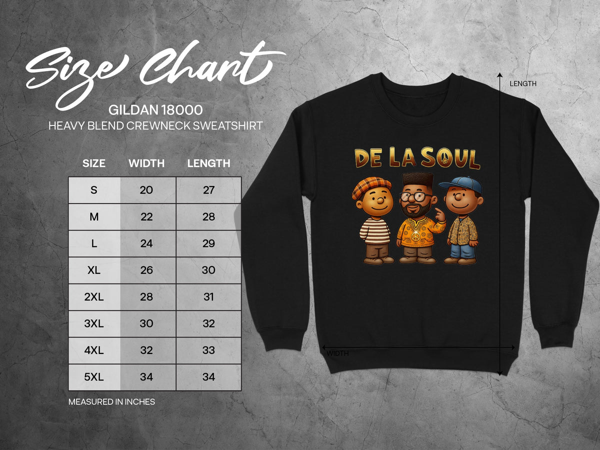 De La Soul cartoon graphic on Gildan 18000 sweatshirt size chart.