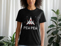 Black t-shirt with white pixelated spaceship and "PEW PEW" text.