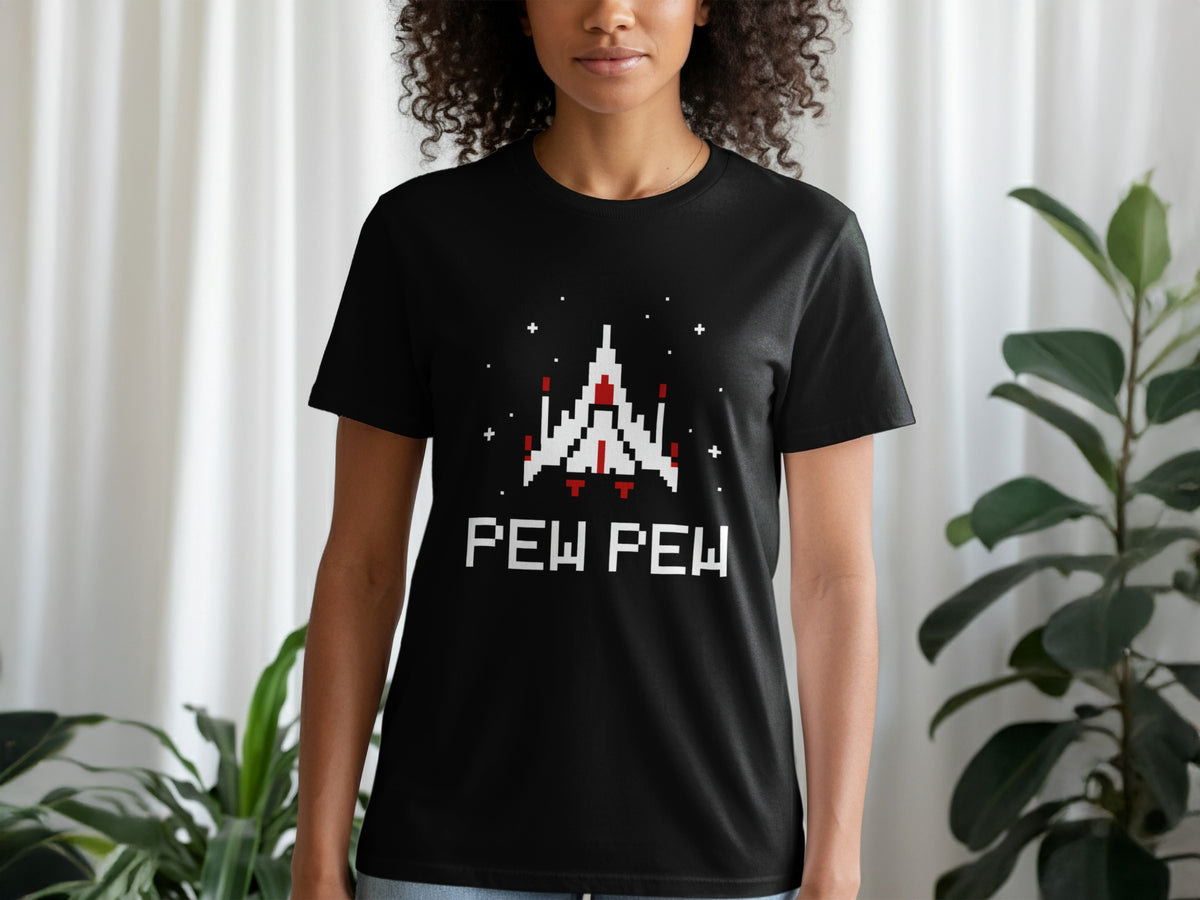 Black t-shirt with white pixelated spaceship and "PEW PEW" text.
