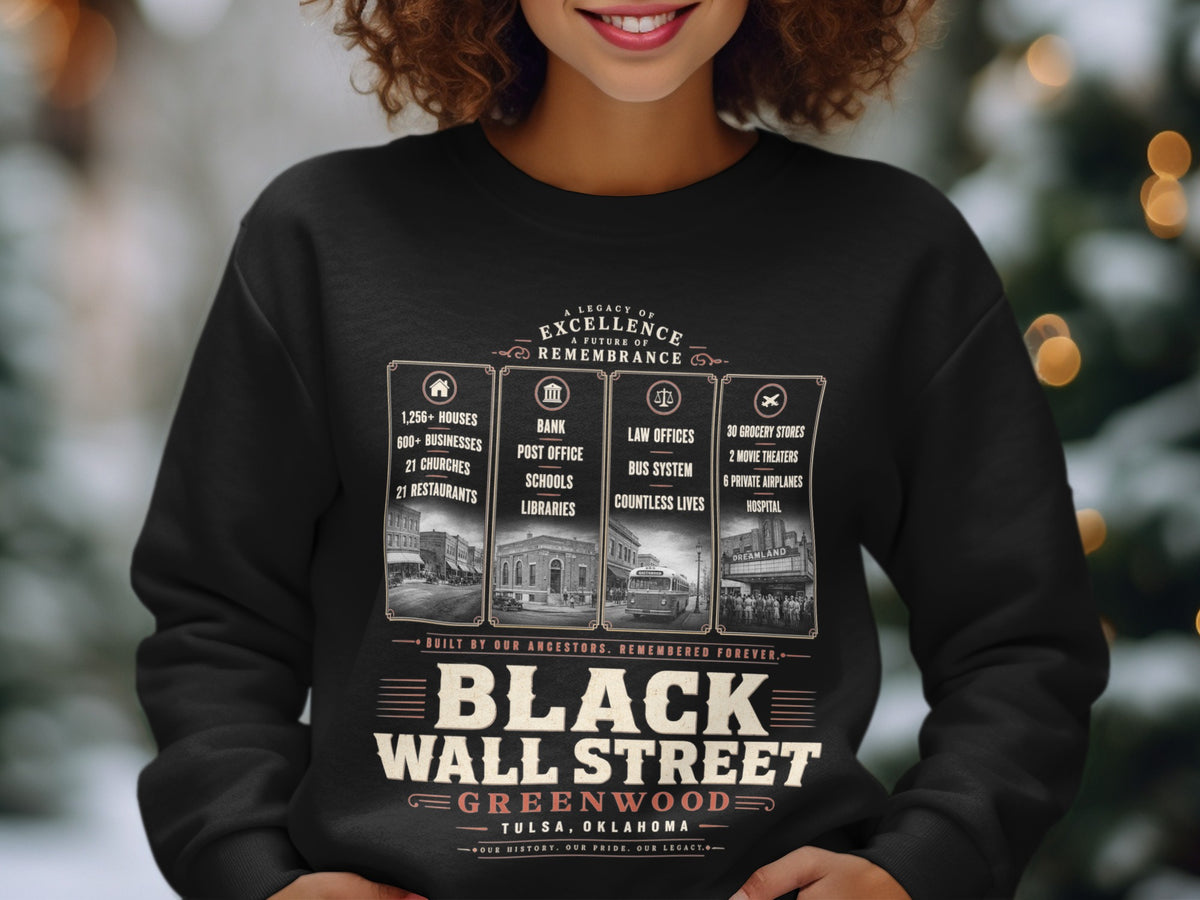 Black Wall Street Greenwood Tulsa Oklahoma design with historical facts and images.