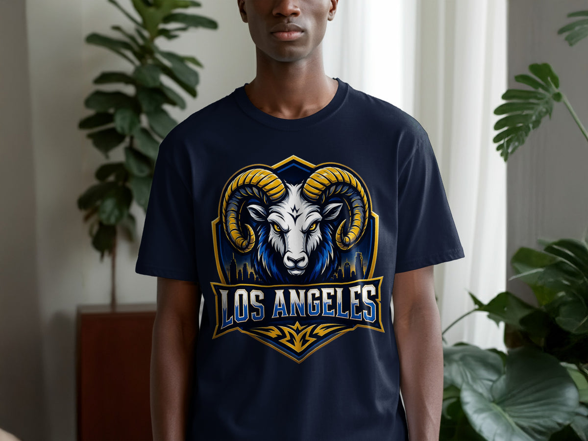 Navy t-shirt featuring a ram's head logo with "LOS ANGELES" text.