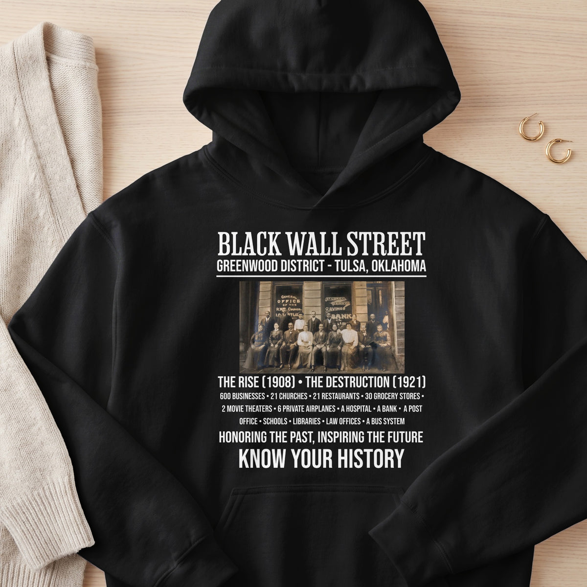 Black Wall Street Greenwood District Tulsa Oklahoma graphic honoring history.