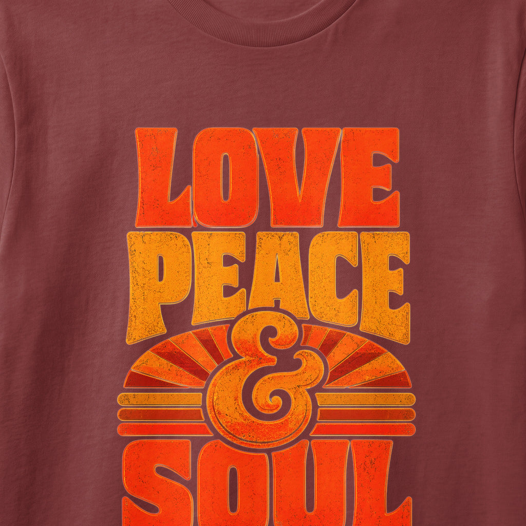 Maroon t-shirt with vintage text: Love, Peace, &, Soul.