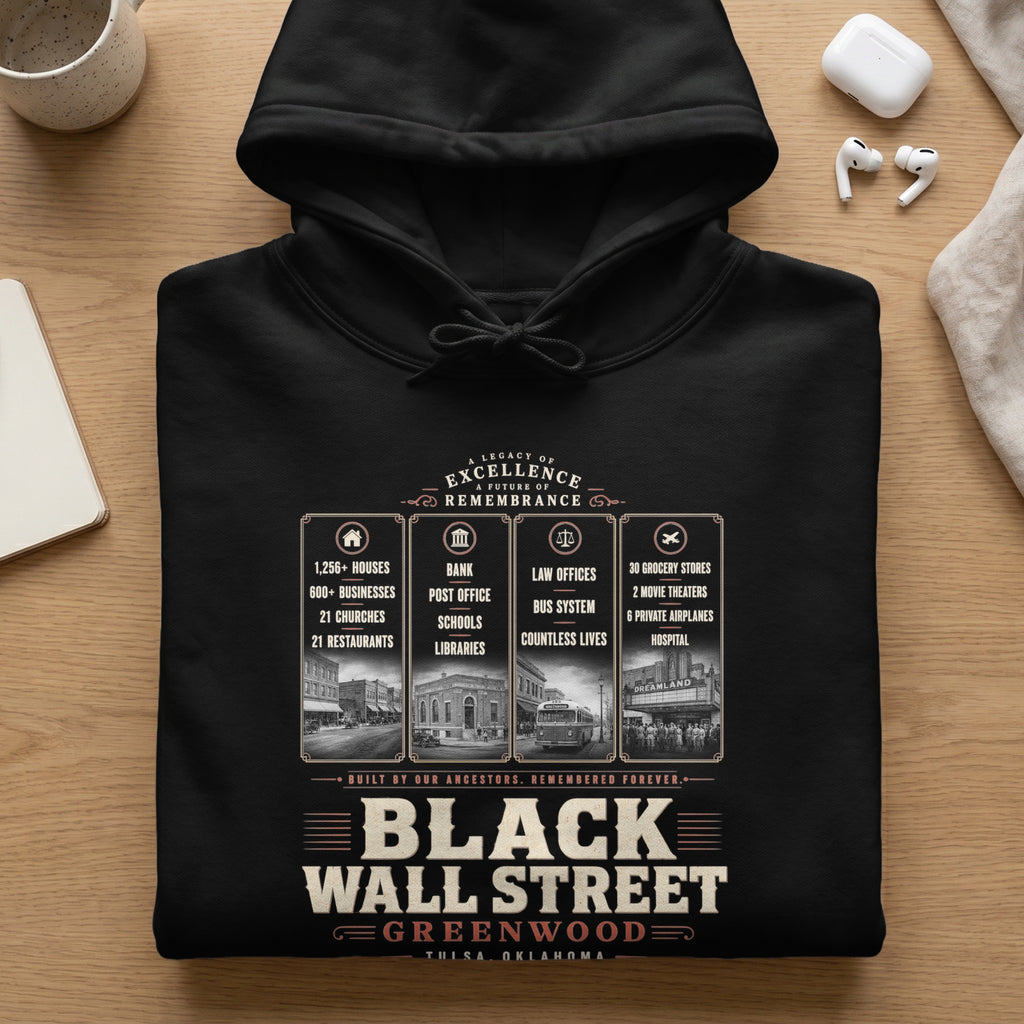 Black hoodie with "Black Wall Street Greenwood Tulsa Oklahoma" design.