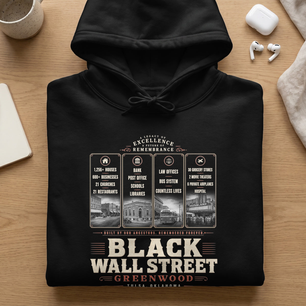 Black hoodie with "Black Wall Street Greenwood Tulsa Oklahoma" design.