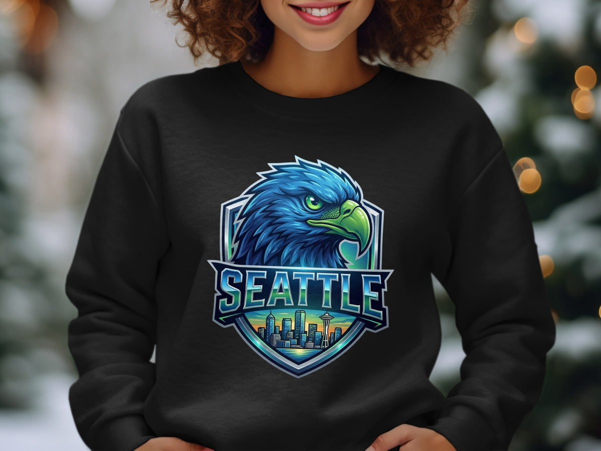 Black sweatshirt with blue eagle logo and Seattle skyline graphic.